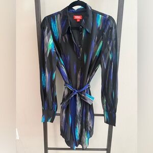 Kirna Zabete Vibrant Black and Blue Long Sleeve Dress